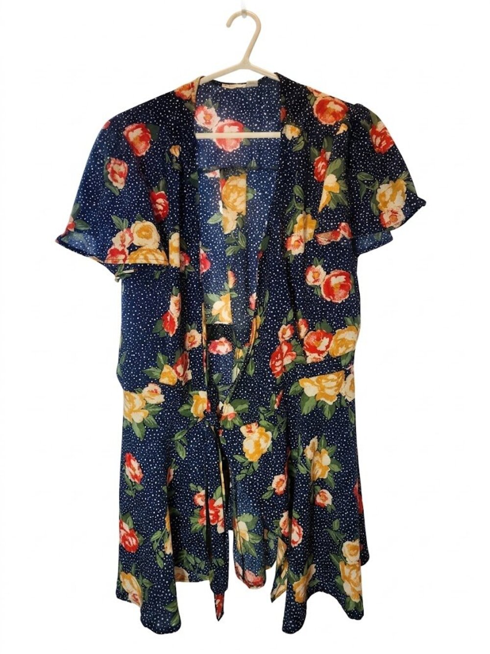 Ripe Maternity Floral Polka Dot Wrap Top Flutter Sleeve Navy Blue Size Large